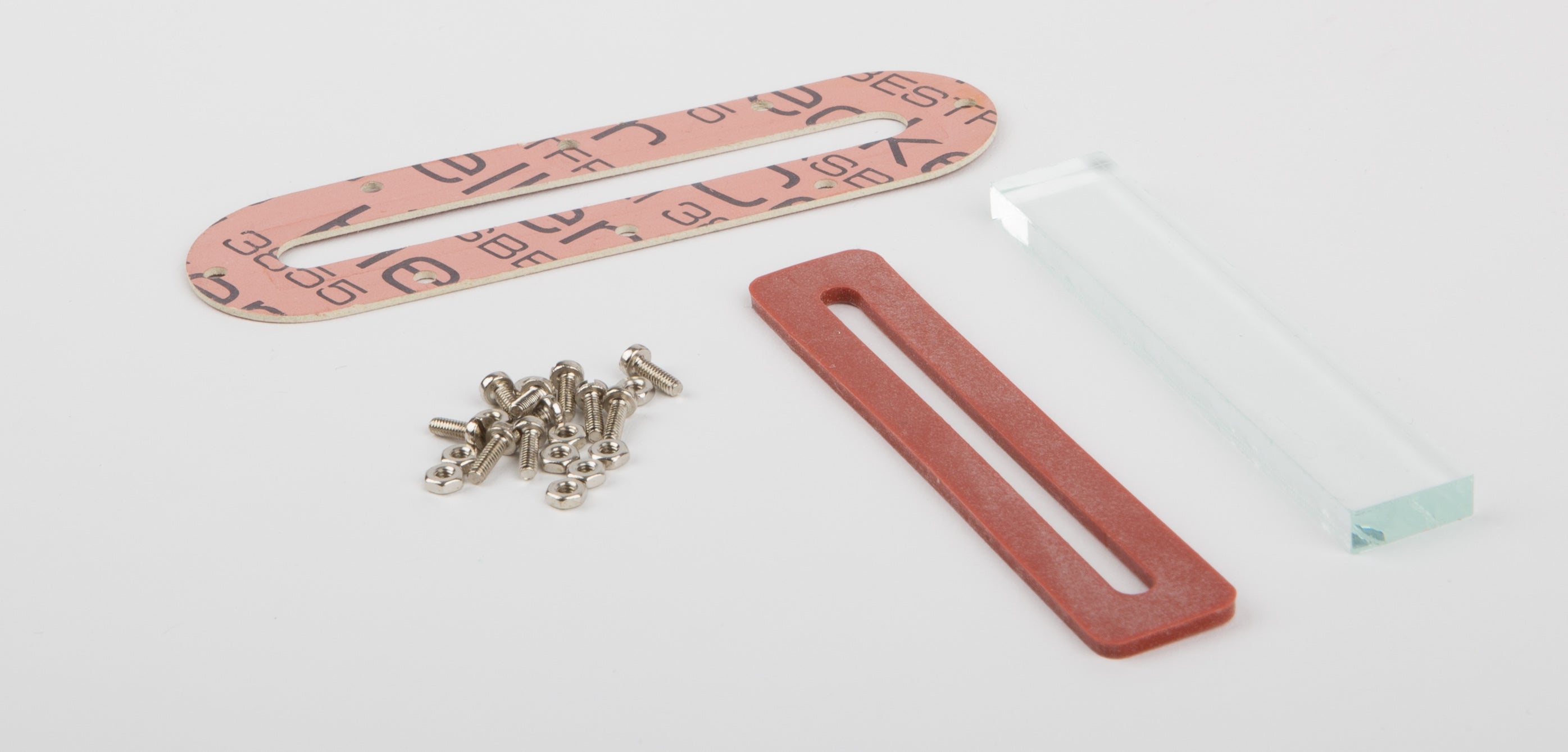 Water level glass 80 x 14 x 5 mm, with screws, nuts and seals